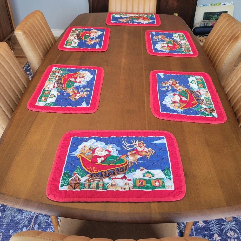 Vintage Christmas Quilted Placemats Set of 12 Santa Sleigh Reindeer Holiday Red